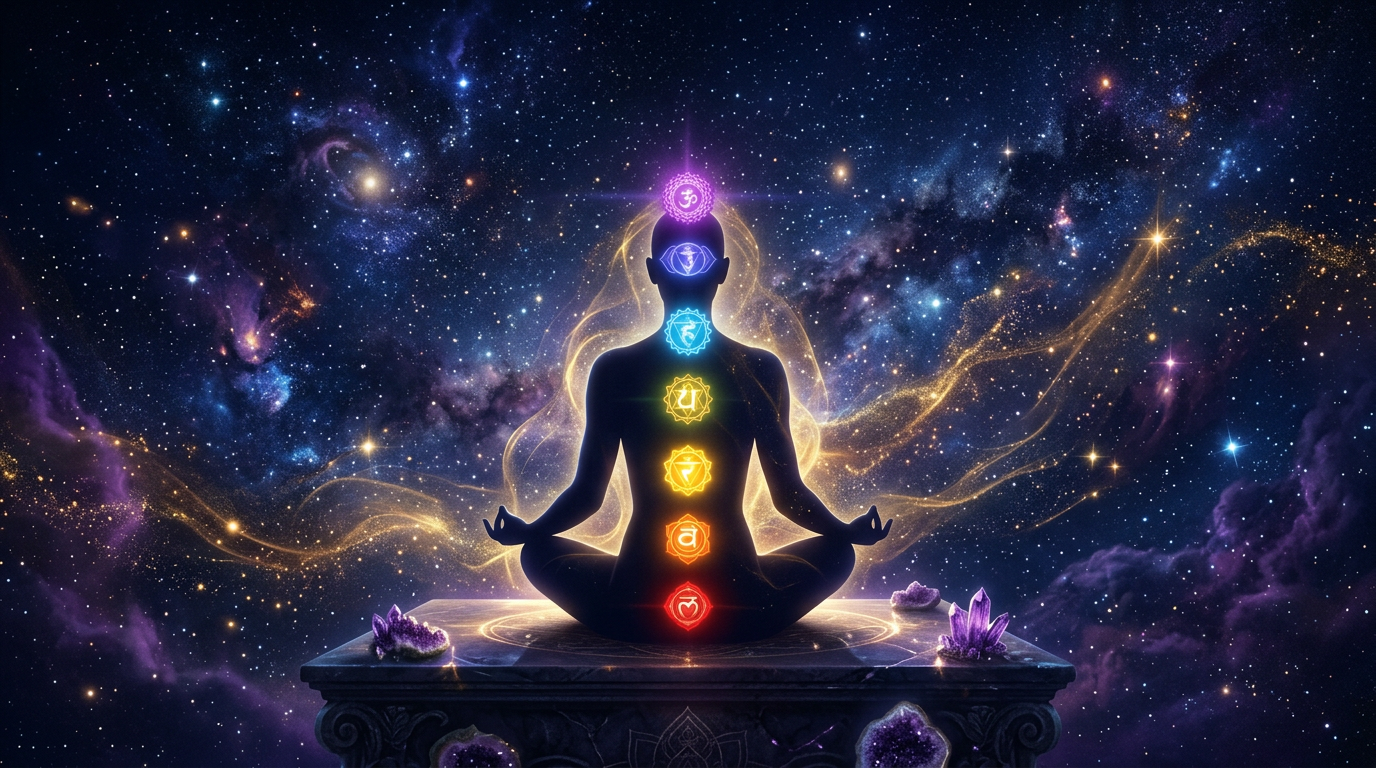 Silhouette en méditation avec les 7 chakras lumineux sur fond de cosmos — MEDIOMA